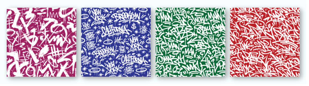 graffiti patterns featuring white tags, lettering, and abstract shapes on purple, blue, green, and red backgrounds, urban street art style.
