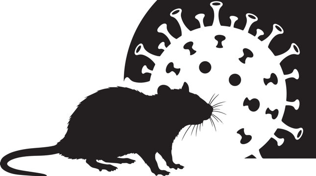 Rat in silhouette with large coronavirus covid 19 symbol in background showing virus spread from animals to humans.
