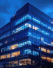Obraz premium Modern glass office building facade illuminated at dusk.