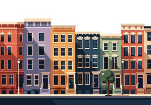 Flat Design Vector Illustration of Colorful City Townhouses and Row Houses in an Urban Neighborhood