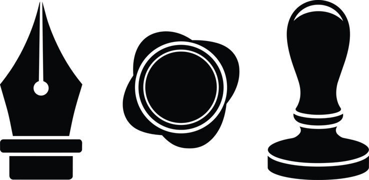 A writing instrument icon, a wax seal with a petal border, and a rubber stamp minimalist clipart symbols for sealing documents and ink pen, nib