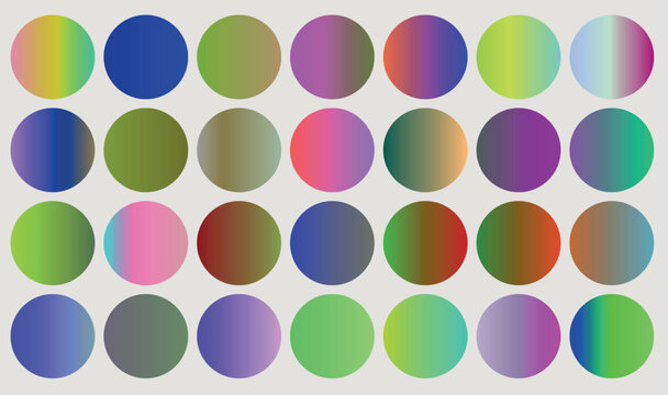Holographic gradient circles collection, 28 colorful round vector swatches, vibrant iridescent sphere set for modern UI design and branding