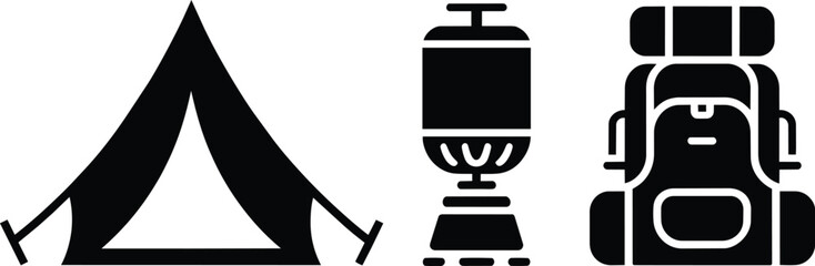 Camping tent, portable stove, and backpack icons set in black style for outdoor adventure and travel themes and gear, activities © Bakalia