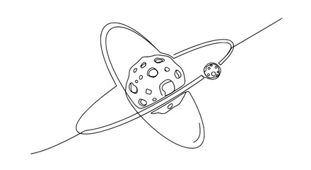 Abstract celestial body with orbit lines and moon, minimalist line art © Chichi