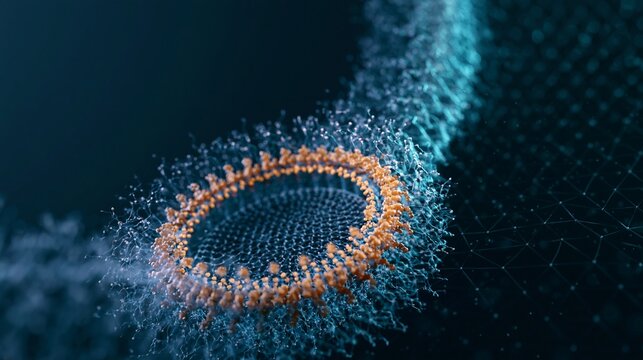 Medium shot of a glowing nanoscale vesicle crosssection highlighting its thin phospholipid bilayer against a dark navy background with subtle floating particle grid and cyan rim