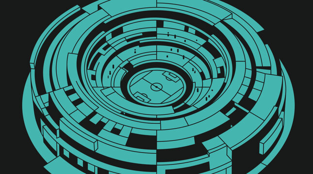 Abstract teal concentric stadium design with a central football field, resembling a complex circuit or maze structure on a dark background.