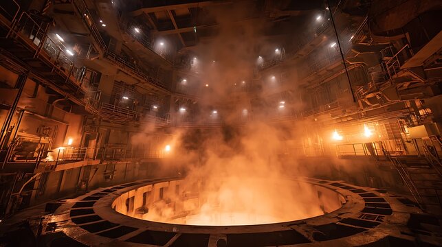 Molten steel production inside a large industrial foundry furnace.