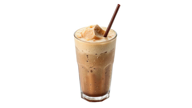 Delicious iced coffee frappe milkshake with straw in glass isolated on transparent background