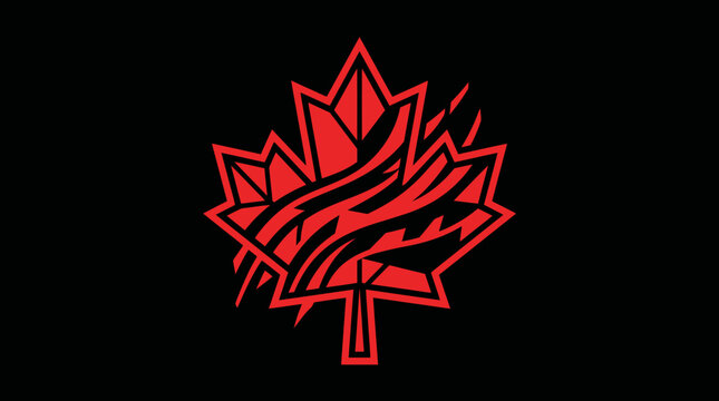 Stylized red maple leaf with tribal patterns on a black background, representing Canadian identity and strength.