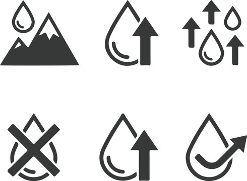 Set of water drop icons, including mountain, evaporation, and moisture symbols