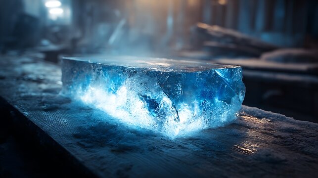 Glowing Rectangular Ice Block with Ethereal Blue Light.