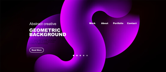 Naklejka premium Dark background features vibrant purple abstract shapes. Text elements include headings, navigation, button. Minimalist design promotes modern aesthetic.