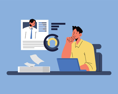 HR manager looking at candidate resume CV on screen, businessman reviewing profile document for hiring, recruitment and employee selection concept vector illustration