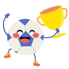 Fototapeta premium Vector cartoon illustration of a cute soccer ball mascot holding a golden trophy cup celebrating victory isolated on white background