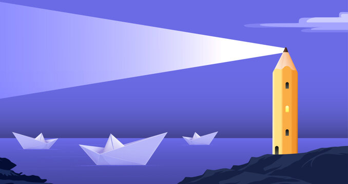 Pencil Lighthouse Shining Across Ocean with Paper Boats Representing Guidance Knowledge and Educational Inspiration Vector Illustration