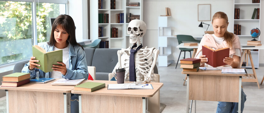Female students with human skeleton model studying at desks in classroom