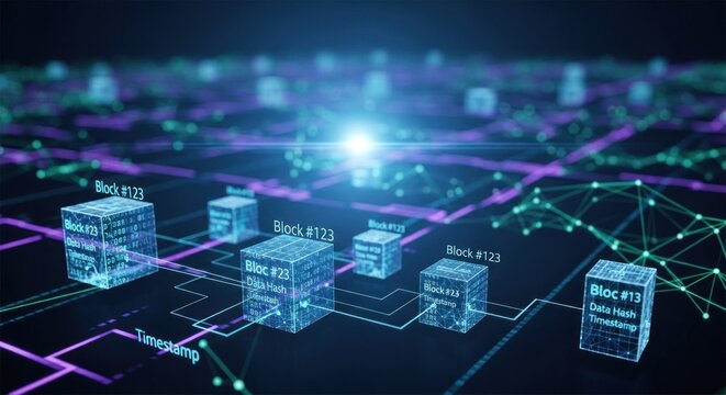 A digital network with blocks and nodes connected by lines, representing blockchain technology.