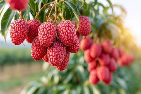 Close-up view of ripe red lychee fruits hanging from a tree branch with green leaves in soft sunlight.