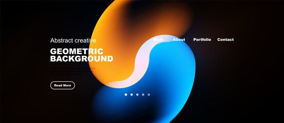 Obraz premium Abstract design features vibrant orange, blue shapes. Minimalist website mockup includes navigation, text elements, dark background.