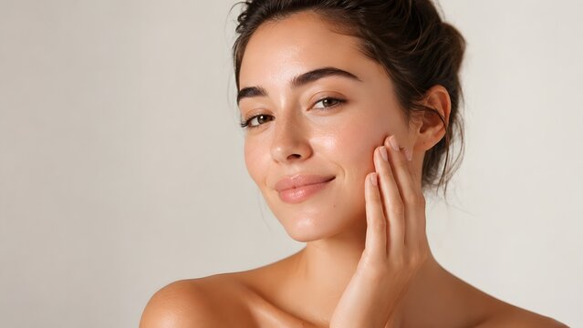 Beautiful young woman with glowing skin touching her face, looking at camera, studio portrait