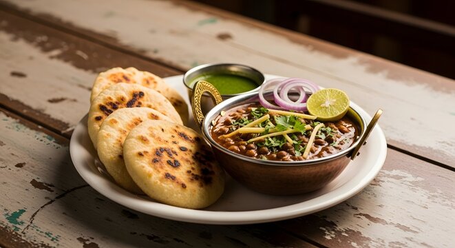 Delicious indian food rajma chawal with naan bread and chutney