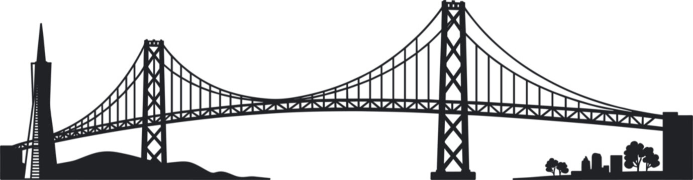 Suspension bridge skyline silhouette illustration, iconic city landmark vector design for urban architecture, travel and transportation projects