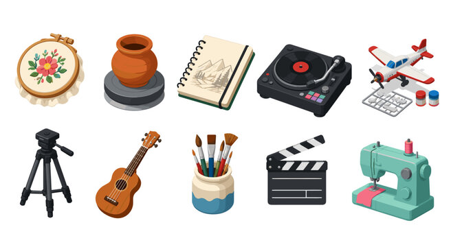 Collection of creative hobbies and crafts equipment, artistic tools and leisure activities