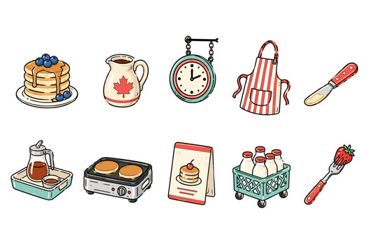 Collection of cute illustrated breakfast items including pancakes, syrup, and milk