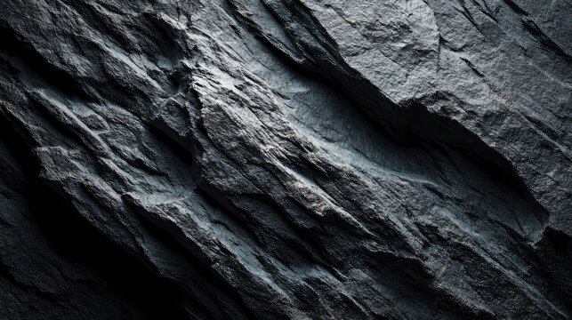 Dark jagged rock texture with sharp ridges in dramatic side lighting macro shot for architectural background and rugged brand identity