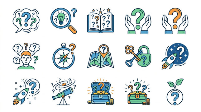 Collection of Icons Representing Questions and Solutions.