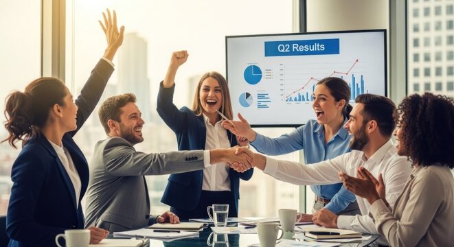 A group of business professionals celebrating a successful quarter, with a large screen displaying Q2 Results in the background.