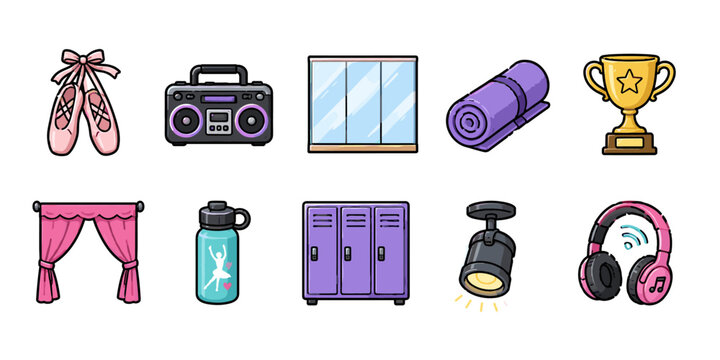 Collection of dance studio and gym equipment icons for creative projects