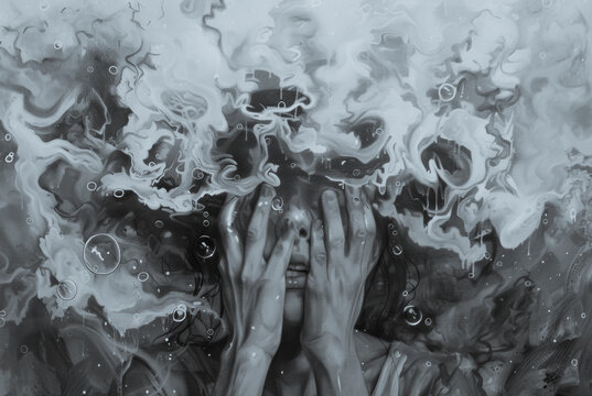 A person clutches their chest, eyes wide, breathing fast, overwhelmed by panic.