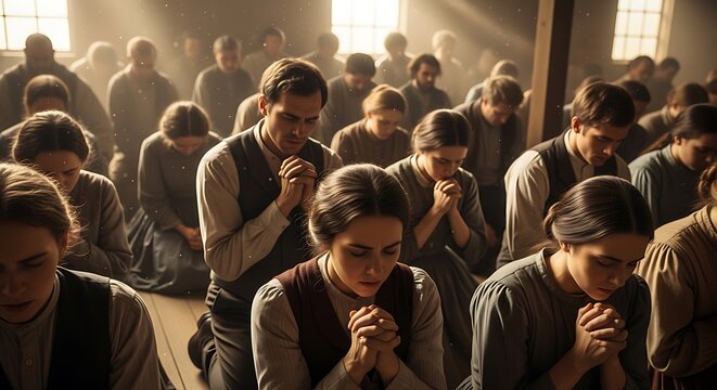 A group of people praying together with clasped hands in a serene and peaceful indoor setting
