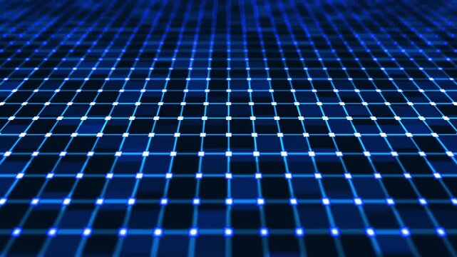 Animated retro cyberpunk grid tunnel moving forward in seamless loop. Blue neon perspective technology matrix, motion graphics