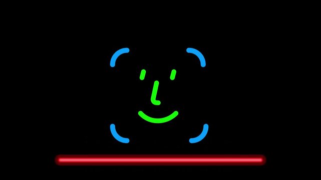 Biometric Face ID scan success animation with access granted green checkmark. Cyber security face recognition validation on black