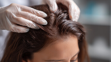 Naklejka premium professional scalp examination and hair health assessment by specialist wearing protective gloves