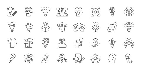 Creative ideas icons in line design. creative ideas, innovation, inspiration, brainstorming, solution, imagination, creativity on white background vector. Creative ideas editable stroke icons © Bezvershenko