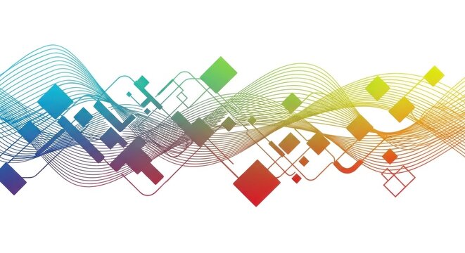 A colorful abstract wave pattern with geometric shapes and squares in a rainbow gradient on a white background.