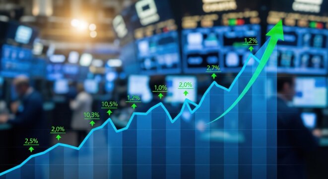 A stock market graph with a green arrow pointing upwards, representing growth and success.