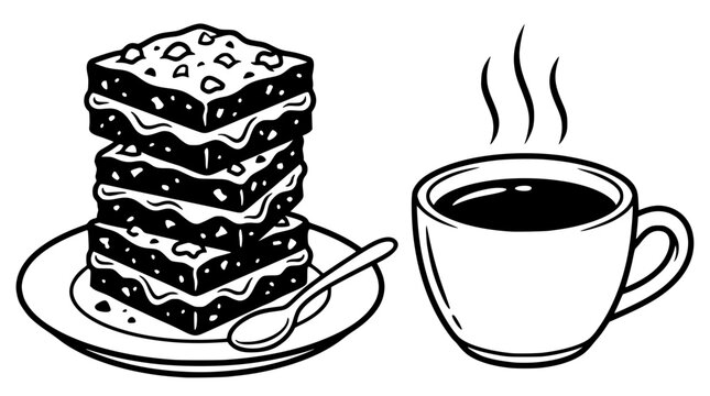 A stack of brownies on a plate with a cup coffee