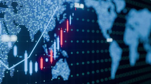 Stock market candlestick chart hologram on digital world map,global financial index analysis,business economy investment.Global market analysis world map with stock market graph overlay animation