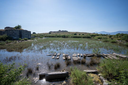 The flooded ancient Ionic Stoa with columns reflecting in water at Miletus Turkey
