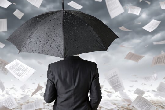 Businessman in suit holding black umbrella against stormy sky with flying papers and documents.