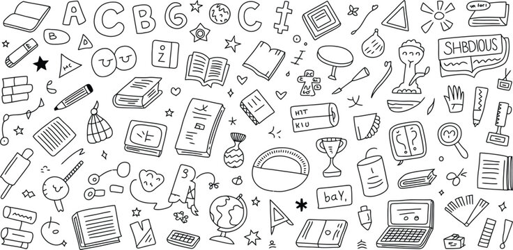 education learning symbols sketch set with books pencil globe and lab