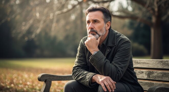 A man sitting on a wooden bench in a park, wearing a black jacket, with a thoughtful expression on his face.