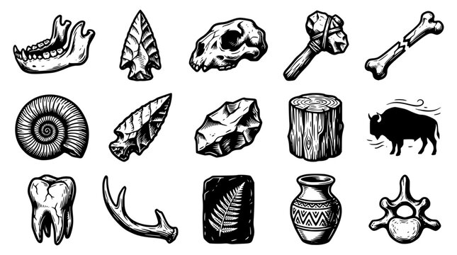 Black and white vector illustrations of prehistoric objects and fossils