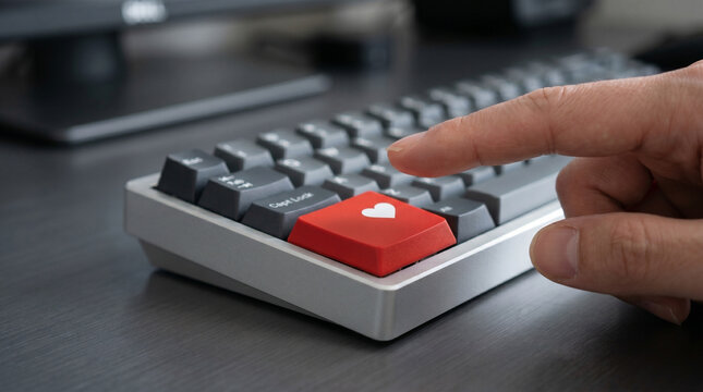 Closeup of a persons finger pressing a custom red heartshaped key on a mechanical keyboard, symbolizing love, passion, or digital connection