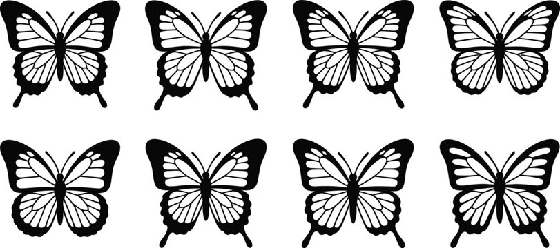 butterfly silhouette set eight icons in two rows vector for print