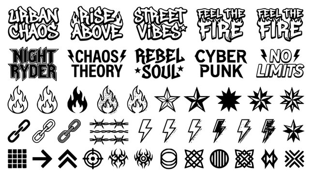 Urban chaos vector graphic illustration with rebel symbols and logos design